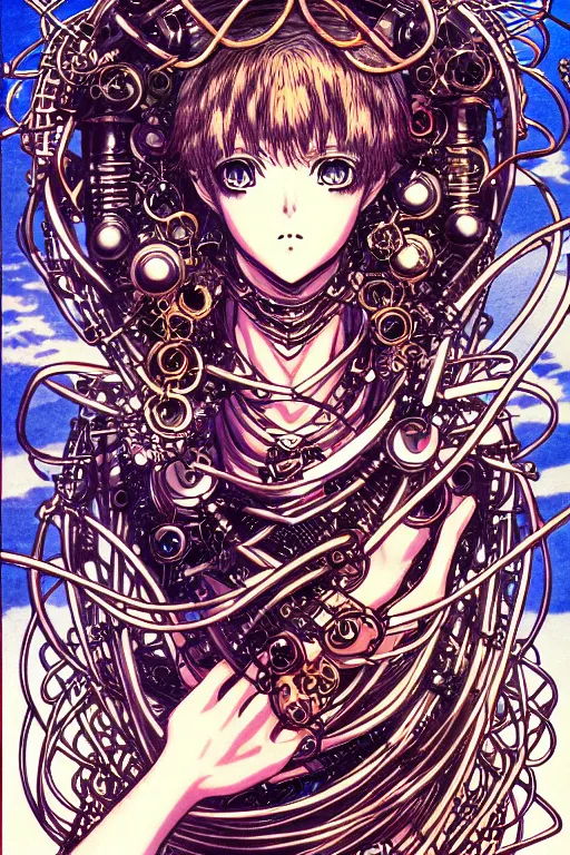 Image similar to illustration of an anime thief character with many metal objects spinning around them, intricate linework, in the style of moebius, ayami kojima, 1 9 9 0's anime, retro fantasy