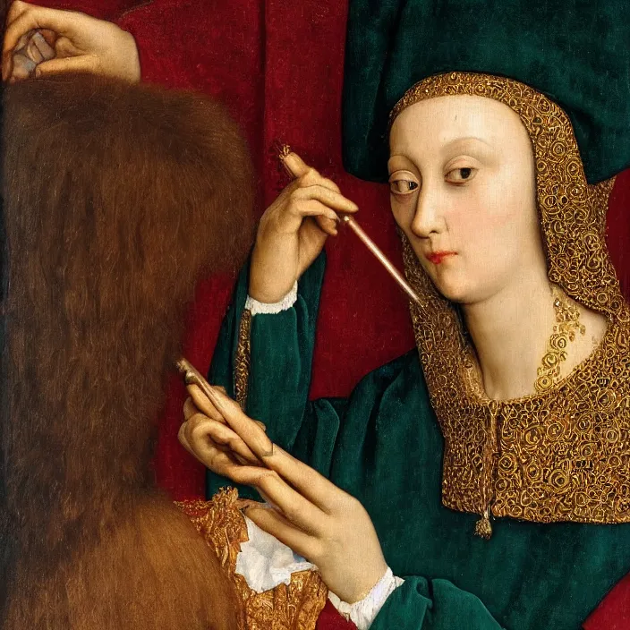 Image similar to close up of a woman putting on garish make - up. jan van eyck