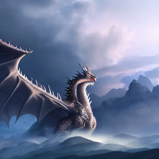 Image similar to giant majestic epic dragon on a mountain between the clouds, epic, volumetric light, volumetric fog, extreme details, 8 k, artstation