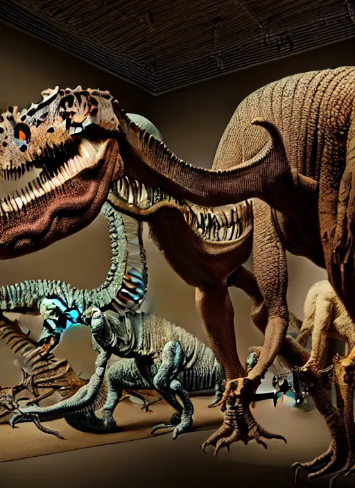 Prompt: detailed image of a creepy natural museum exhibition of dinosaurs in the deep space by richard corben, rich deep colors. masterpiece . intricate artwork, very coherent symmetrical artwork, cinematic, hyper realism, high detail, auschwitz camp, octane render, unreal engine, 8k, Vibrant colors, Smooth gradients, High contrast, depth of field. by Katsuhiro Otomo, full body character drawing, inspired by Evangeleon, clean ink detailed line drawing, intricate detail, extremely detailed.