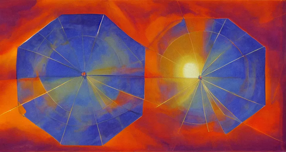 Image similar to solar sail in the shape of a hexagon between the sun and earth, art deco painting