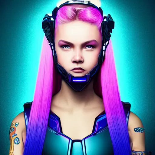 Image similar to a stunning upper body portrait of a beautiful young woman wearing futuristic navy blue and teal battle bodyarmor with pauldrons and inset glowing fine neon lines and ombre purple and pink hairstyle with hair blowing in the wind, by marvel comics, highly detailed, fine detail, intricate, digital art, trending on artstation