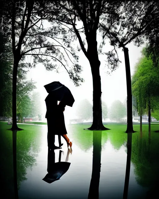 Image similar to raindrops, rain, square, park, lake, man and woman under a black umbrella, trees, kiss, paths, lake.