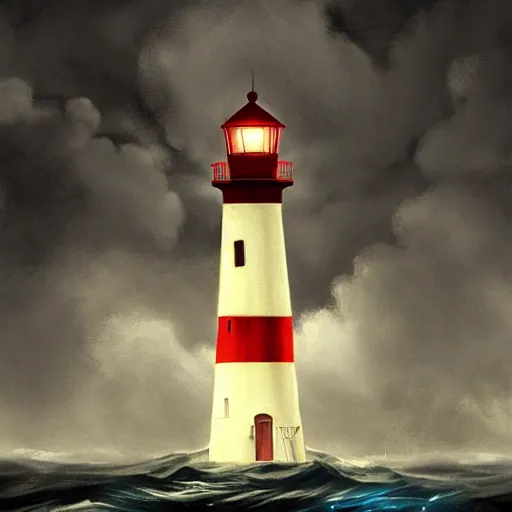 Image similar to beautiful digital painting about a scary light house glowing in the dark of a stormy night, trending on artstation, gloomy, moody, highly detailed