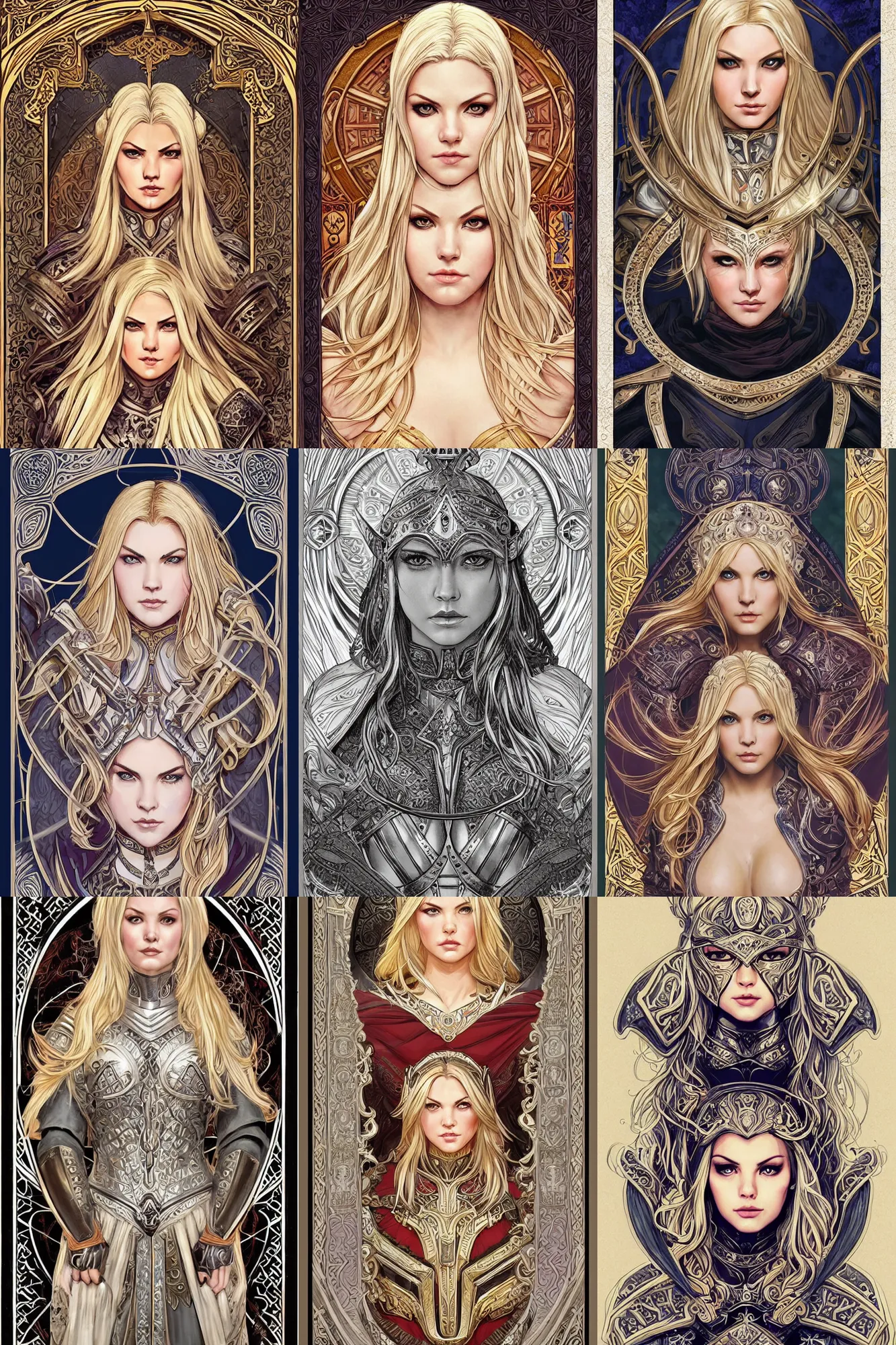 Prompt: head-on symmetrical centered painted portrait, Elisha Cuthbert as a paladin, blonde hair, ornate heavy plate armour, art nouveau, tarot card style, medieval robes, fantasy, intricate, elegant, highly detailed, smooth, sharp focus, illustration, artstation, in the style of Ross Tran and by Jesper Ejsing and by Artgerm and by Anna Podedworna and by Mikalojus Konstantinas Ciurlionis and by Mucha