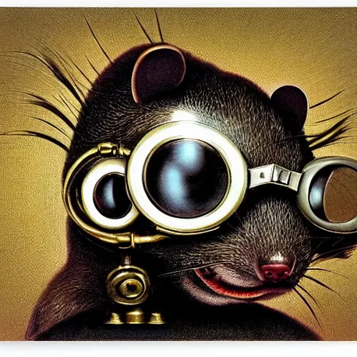 Prompt: a rat with steampunk googles, by David A. Hardy