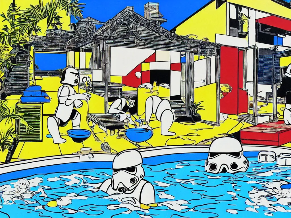 Image similar to hyperrealism composition of the japanese house with a hot springs in the garden, two detailed stormtroopers bathe in a hot spring, pop - art style, jacky tsai style, andy warhol style, roy lichtenstein style, round canvas, acrylic on canvas