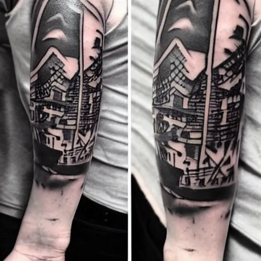 Image similar to dark japanese urban architecture, tattoo, tattoo on upper arm