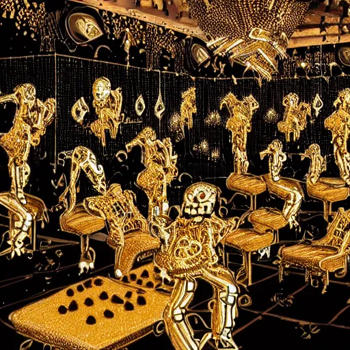 Prompt: professional nightclub photo, a giant crowd of realistic shiny reflective chrome skeletons covered in diamonds dancing wildly and sensually, inside a black and gold fancy high end highly themed rococo nightclub with fog and blue lasers