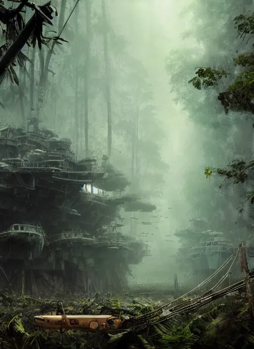 Image similar to aircraft carrier USS Nimitz overgrown with vegetation laying on the ground of a tropical forest, post appocalyptic, by Luis Royo, by Greg Rutkowski, dark, gritty, intricate, cover illustration, concept art, volumetric lighting, volumetric atmosphere, sharp focus, octane render, trending on artstation, 8k