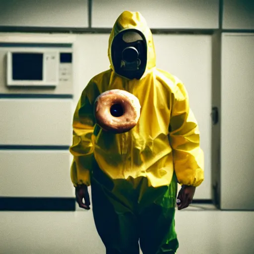 Prompt: a man wearing a hazmat suit holding a donut, arriflex lens