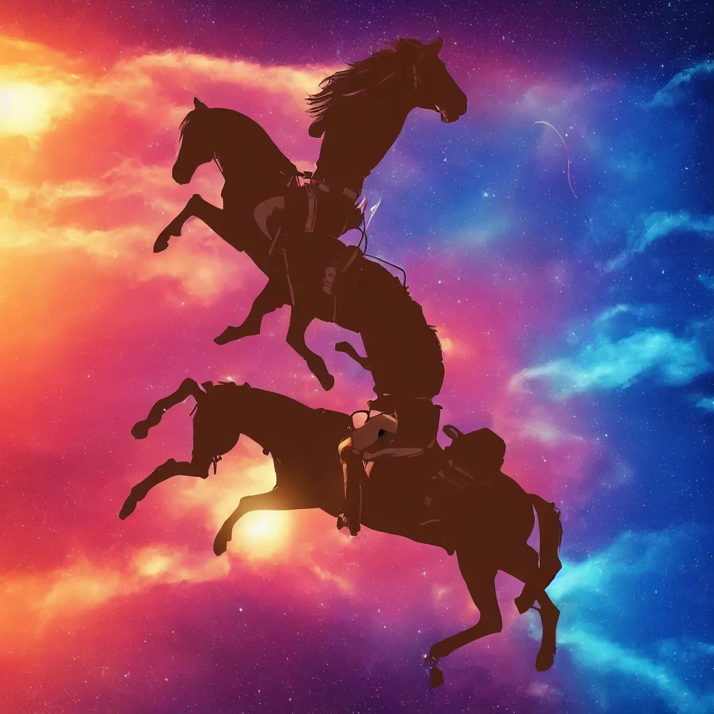 Prompt: a horse riding on an astronaut. synthwave digital art