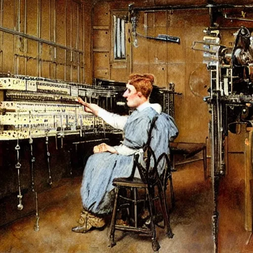 Prompt: edwardian engineer working on a complicated machine, painting by alfred stevens