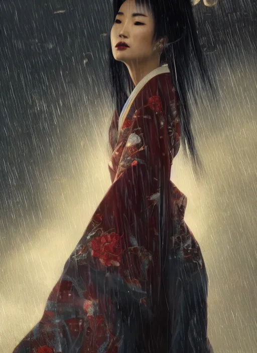 Image similar to a Photorealistic dramatic hyperrealistic render of an an Asian woman dressed in a kimono wielding two lightsabers, in the rain dramatic lighting, by WLOP,Artgerm,Greg Rutkowski,Alphonse Mucha, Beautiful dynamic dramatic dark moody lighting,shadows,cinematic atmosphere,Artstation,concept design art,Octane render,8K