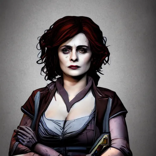 Image similar to helena bonham carter portrait, borderlands, tales from the borderlands, the wolf among us, comic, cinematic lighting, studio quality, 8 k