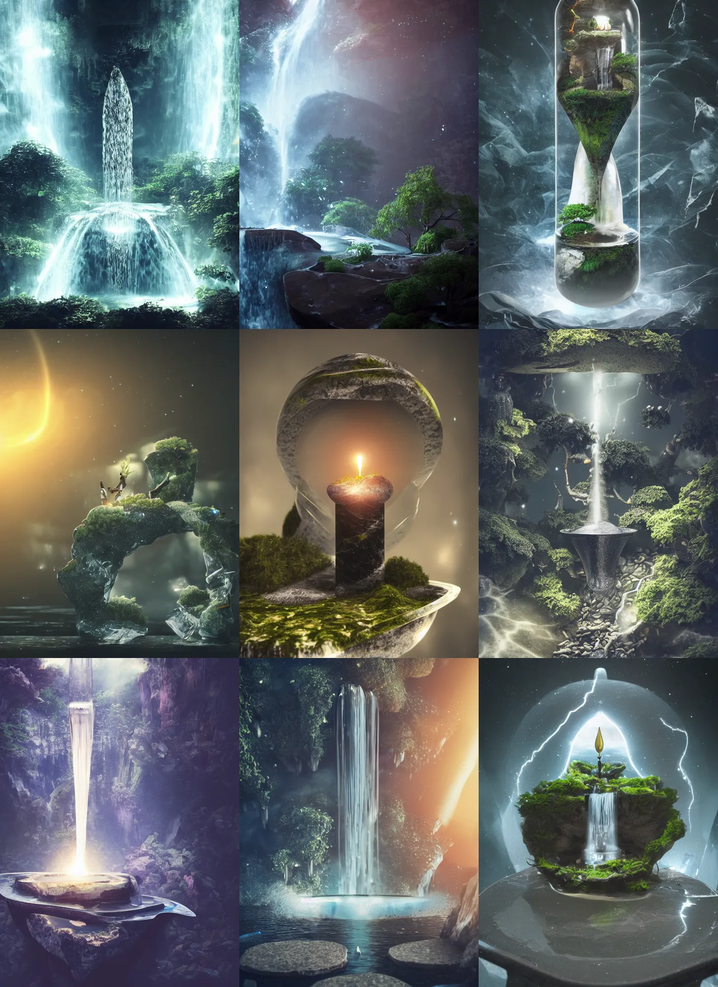 Prompt: waterfall inside of a marble, hourglass, bonsai, galaxy, lightning, intricate detail, volumetric lighting, epic composition, hyper detailed, ultra realistic, sharp focus, octane render, candle volumetric, ray tracing, artstation trending, cgsociety, sense of awe, swirling mist, 4 k