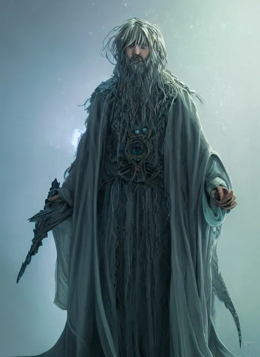 Image similar to Portrait of hexblade warlock angel, glowing white eyes, silver shaggy hair, short scruffy beard, cloak, teal ethereal tendril wings, male, fantasy, extremely detailed, digital painting, artstation, concept art, smooth, sharp focus, illustration, stunning lighting, art by artgerm and greg rutkowski and alphonse mucha and simon stalenhag, realistic character concept, high fantasy, light atmosphere, golden ratio, cinematic lighting, hyperdetailed, high resolution, insanely detailed and intricate, artstation, Marc Simonetti, Greg Rutkowski