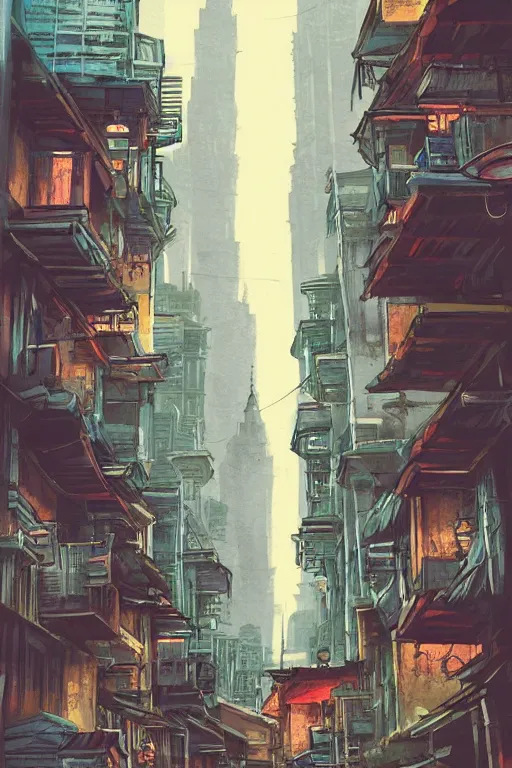 Image similar to backlane alley with kuala lumpur twin towers in the background, evening, studio ghibli, artstation