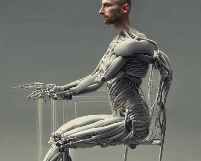 Prompt: a hyperrealistic painting of a human cyborg sitting in a chair with limbs stretched out, tied with electrical cables connected to supercomputers, flood of images flowing from his head, tesseract, vitruvian man, by daniel gerhartz, trending on artstation, concept art, insane details, zoomed out