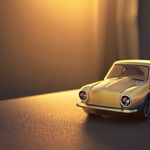 Image similar to a 3d render of a miniature car near the window, sunlight, tyndall effect, 4k