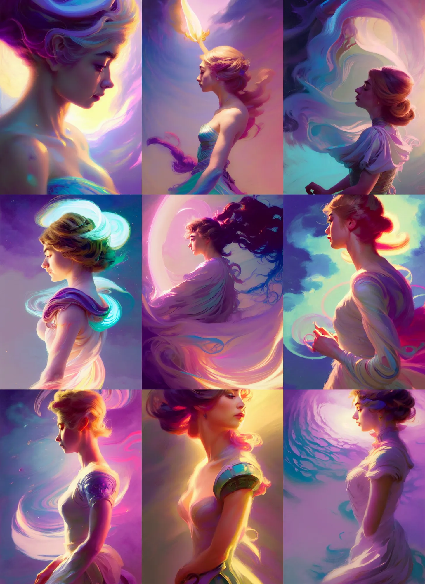 Prompt: side profile, imogen poots, paladin, gloomhaven, luminescent, colorful swirly magic ripples, pastel colors, by greg manchess, huang guangjian, gil elvgren, sachin teng, greg rutkowski, jesper ejsing, ilya kuvshinov