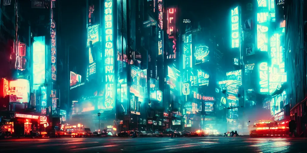 Image similar to city streets, neon signs, giant screens, eerie fog, blade runner, ex machina