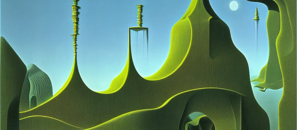 Image similar to huge gargantuan angular building by escher and ricardo bofill. utopian landscape by roger dean. magical realism, surrealism, waterfalls, clouds, trending on artstation, shot from below, epic scale