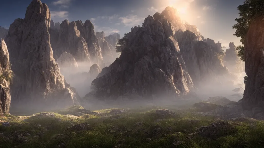 Prompt: epic landscape with large mountains and pillars of rock emerging from the ground, cinematic, light mist, volumetric lighting, hyperrealistic, detailed, 4 k hd