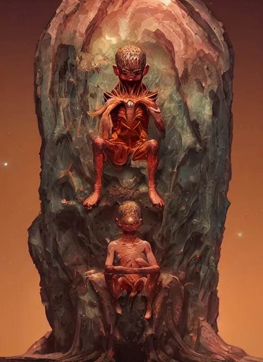 Image similar to hyper realistic photography of intricate symmetric strange alien child god sitting on ruined ornamented opal throne in a crystal cave detailed, greg rutkowski, mignola, moebius, artstation, cgsociety