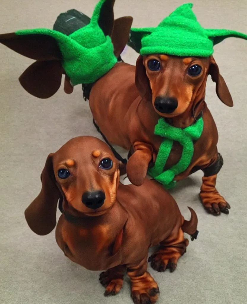 Prompt: a dachshund dressed as Baby Yoda,