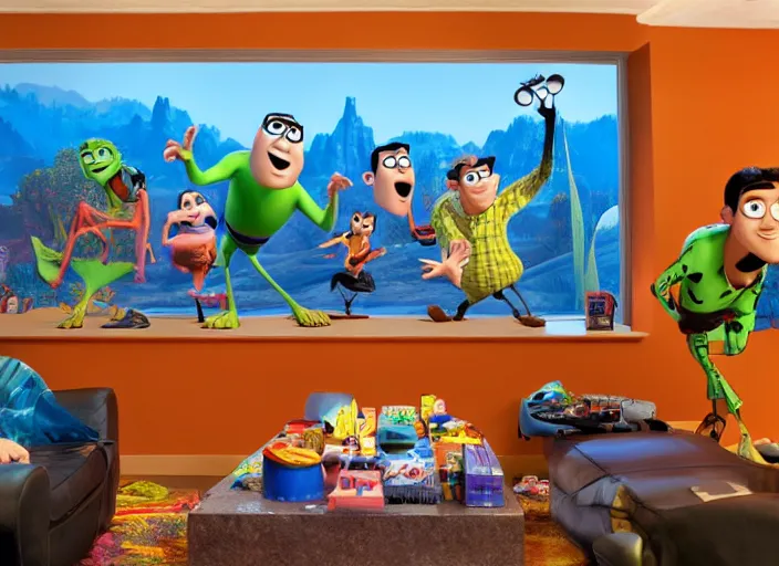 Image similar to pixar animation homeboys are buddies in a disney animation mancave