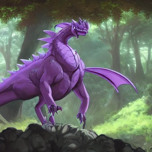 Image similar to concept art painting of an anthropomorphic purple gray anime dragon, in the deep forest, realistic, detailed, cel shaded, in the style of makoto shinkai and greg rutkowski and james gurney