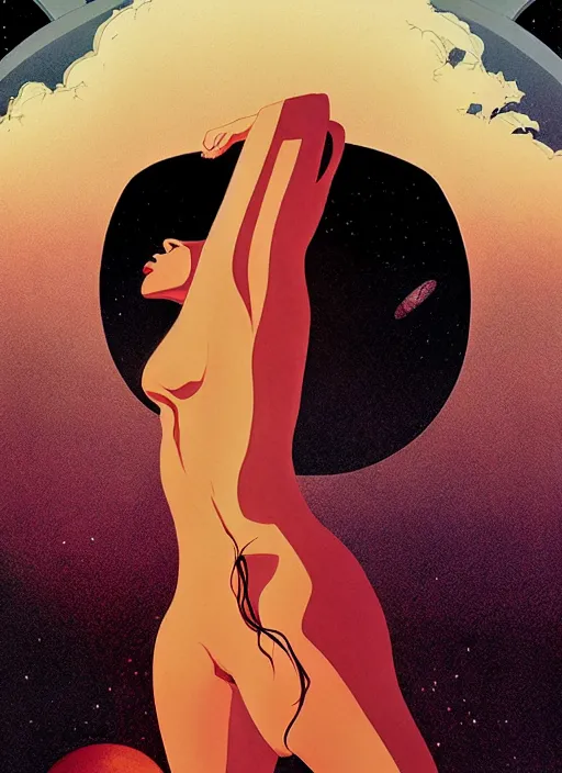 Image similar to poster artwork by michael whelan and tomer hanuka, portrait of beautiful sensual dancer in the clouds of jupiter, clean, art deco