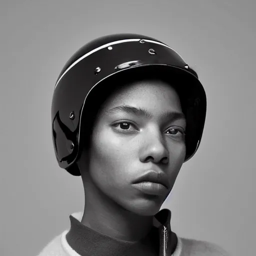 Prompt: realistic photoshooting for a new balenciaga lookbook, color film photography, close-up portrait of a beautiful woman, woman is wearing a motorcycle helmet, in style of Tyler Mitchell, 35mm,