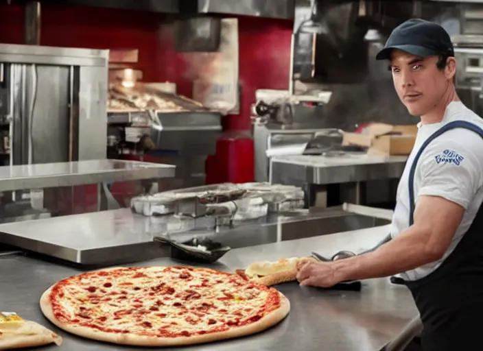 Prompt: film still of ironman working in a pizza parlor making pizza in the new avengers movie, 4 k