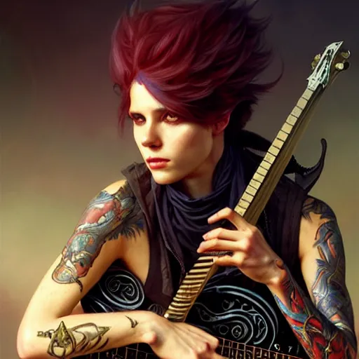 Prompt: portrait painting of a punk snake bard with a guitar, ultra realistic, concept art, intricate details, eerie, highly detailed, photorealistic, octane render, 8 k, unreal engine. art by artgerm and greg rutkowski and charlie bowater and magali villeneuve and alphonse mucha