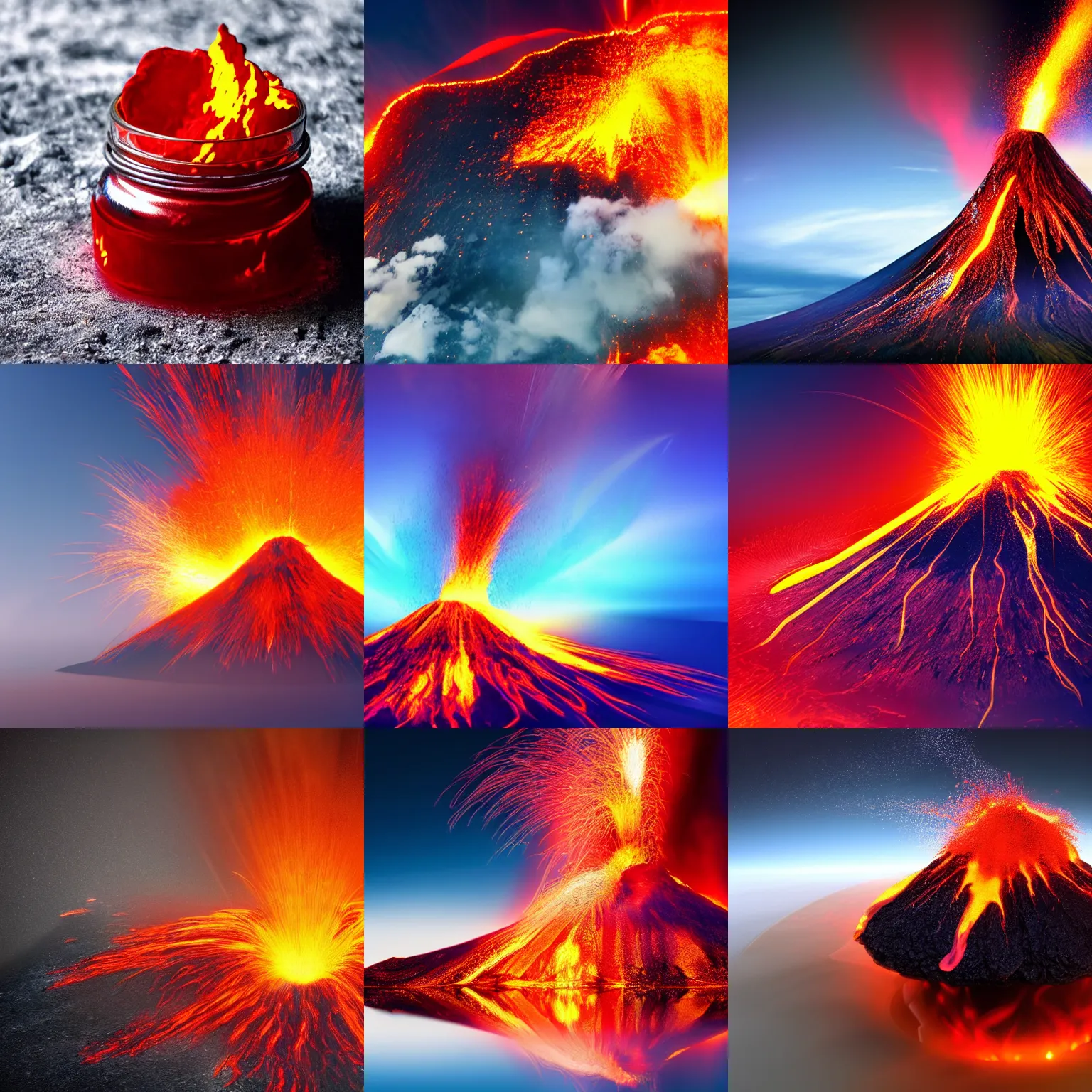 Prompt: erupting volcano in a jar, colorful, shiny, realistic, 4 k