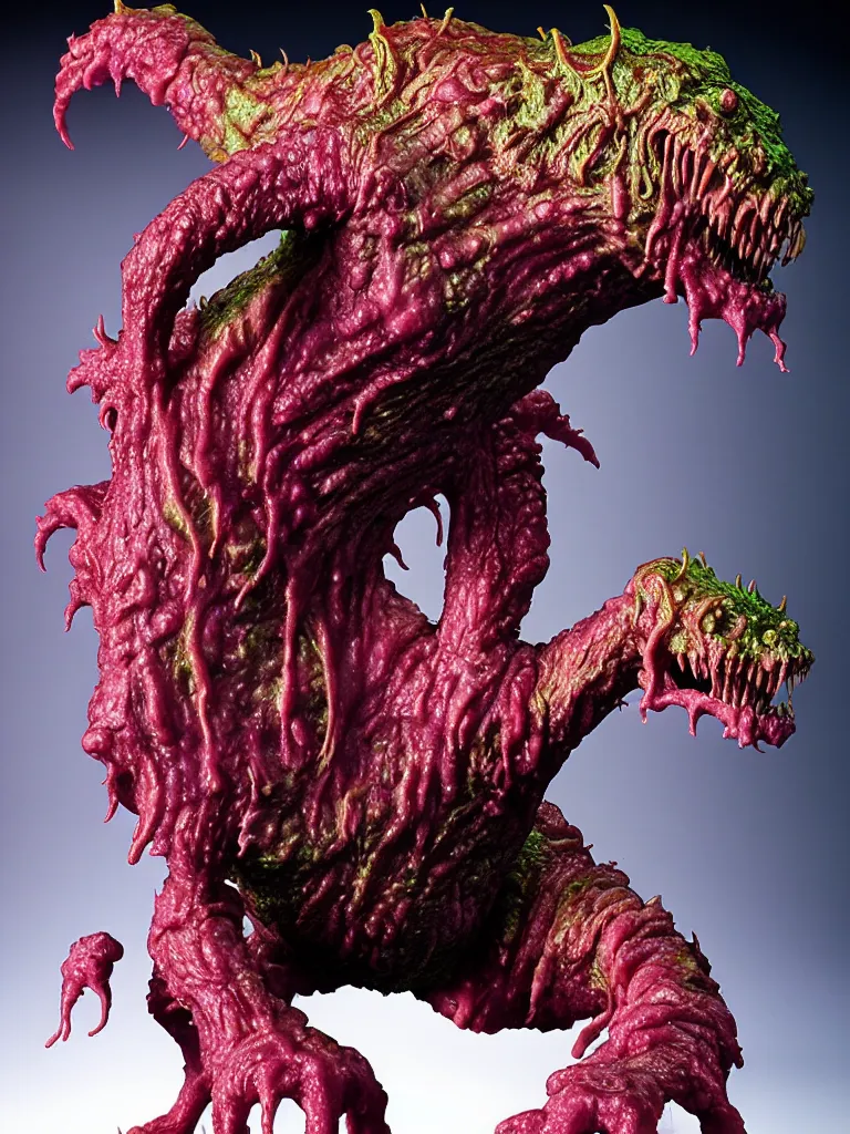 Image similar to hyperrealistic rendering, fat smooth wet cronenberg flesh monster smooth kaiju by art of skinner and richard corben and jeff easley, product photography, action figure, sofubi, studio lighting, colored gels, skulls and ribcages