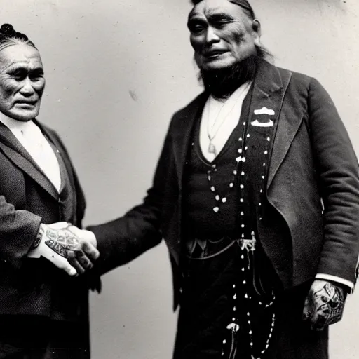 Image similar to a tattooed maori dignitary shakes hands with a 2 0 th century industrialist, colorized 1 9 0 4 photo, kodak camera, historical event, credit the national archives of the united kingdom