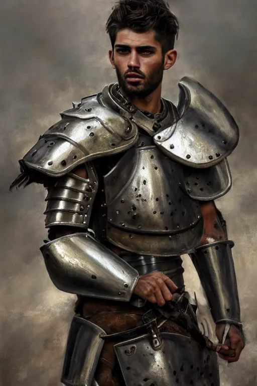 Image similar to a photorealistically painted portrait of a rugged young man, partially clothed in metal-plated battle armor, with an abstractly painted background, flawless olive skin, fair complexion, long dark hair, beautiful bone structure, perfectly symmetric facial features, perfect photorealistic eyes, natural physique, intricate, elegant, digital painting, concept art, finely detailed, beautifully illustrated, sharp focus, minimal artifacts, volumetric lighting, from DOOM and Halo, by Ruan Jia and Mandy Jurgens and Artgerm and William-Adolphe Bouguerea, in the style of Greg Rutkowski, trending on Artstation, award winning art