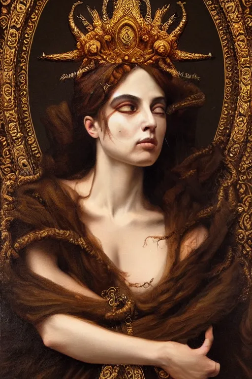 Prompt: hyper realistic painting portrait of madness queen, occult diagram, elaborate details, detailed face, intrincate ornaments, gold decoration, occult art, oil painting, art noveau, in the style of roberto ferri, gustav moreau, jean delville, bussiere, andrew gonzalez