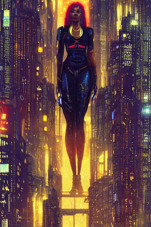 Image similar to a beautiful young Black woman, cyberpunk, Blade Runner city background, highly detailed, artstation, illustration, art by Gustav Klimt