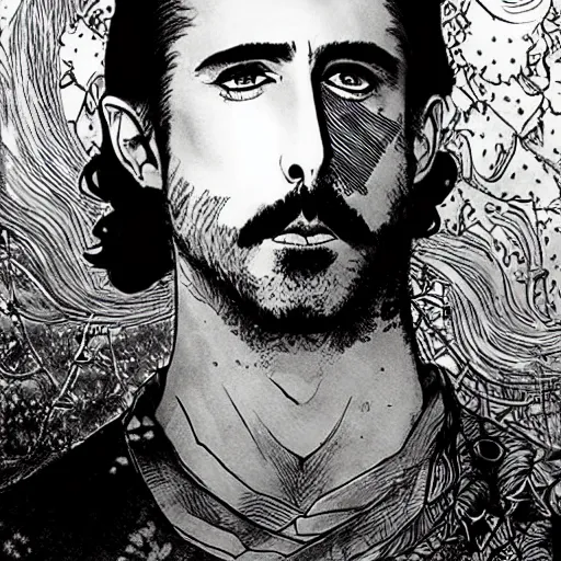 Image similar to pen and ink!!!! attractive 22 year old deus ex Frank Zappa x Ryan Gosling golden!!!! Vagabond!!!! floating magic swordsman!!!! glides through a beautiful!!!!!!! battlefield magic the gathering dramatic esoteric!!!!!! pen and ink!!!!! illustrated in high detail!!!!!!!! by Hiroya Oku!!!!!!!!! Written by Joseph Campbell graphic novel published on Cartoon Network MTG!!! 2049 award winning!!!! closeup facial portrait!!!!! action exposition villain!! reveal manga panel