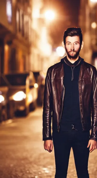 Image similar to Professional full body portrait of a dishevelled young man in a street at night. He is wearing a leather coat and he looks very tired and nervous. 4K, dramatic lighting