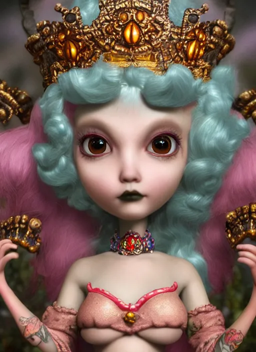 Prompt: highly detailed closeup, profile portrait of a tin toy goth fairytale princess wearing a crown, bikini, unreal engine, nicoletta ceccoli, mark ryden, earl norem, lostfish, global illumination, detailed and intricate environment