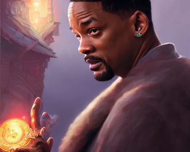 Image similar to will smith getting slapped by chris rock, deep focus, d & d, fantasy, intricate, elegant, highly detailed, digital painting, artstation, concept art, matte, sharp focus, illustration, hearthstone, art by artgerm and greg rutkowski and alphonse mucha