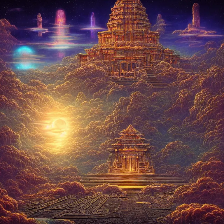 Image similar to mysterious ancient dieties hovering over magical temple, infinite quantum waves, synthwave, highly detailed by ernst steiner