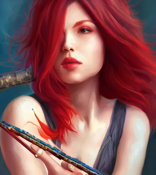 Prompt: a woman playing flute, full body shot, red hair, highly detailed, digital painting, artstation, concept art, smooth, sharp focus, illustration