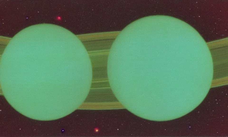 Image similar to 3 5 mm film still 7 0 s vivid color jade green concept art saturn in space