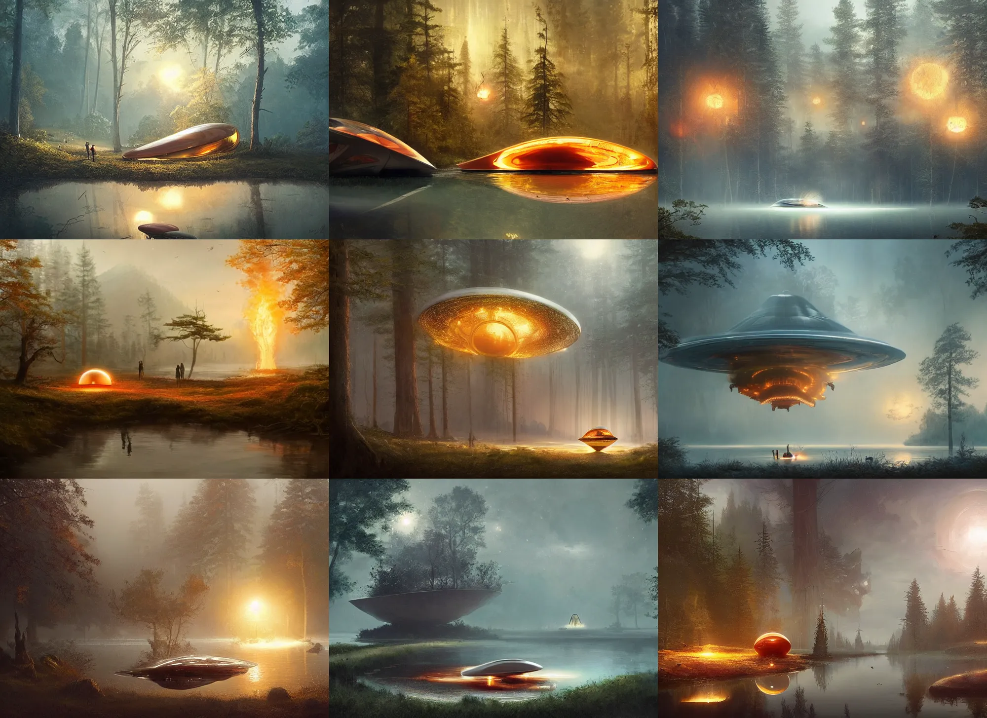 Prompt: a disc shaped spaceship emerging from a lake, amber lights, steam, forest by Raoul Vitale and Greg Rutkowski